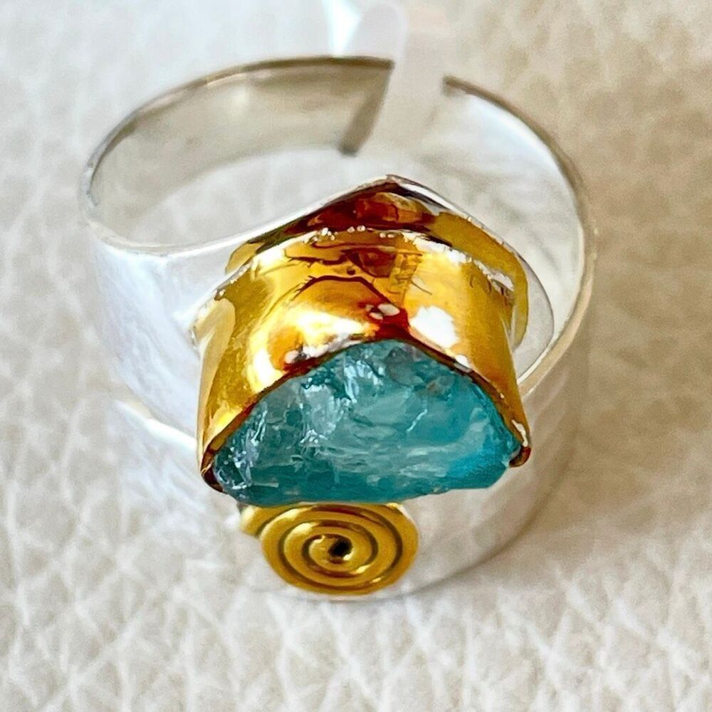 NWT .925 Sz 7 Sterling Silver Pleated & Gold Neon Blue Apatite Bypass Ring - Picture 4 of 12